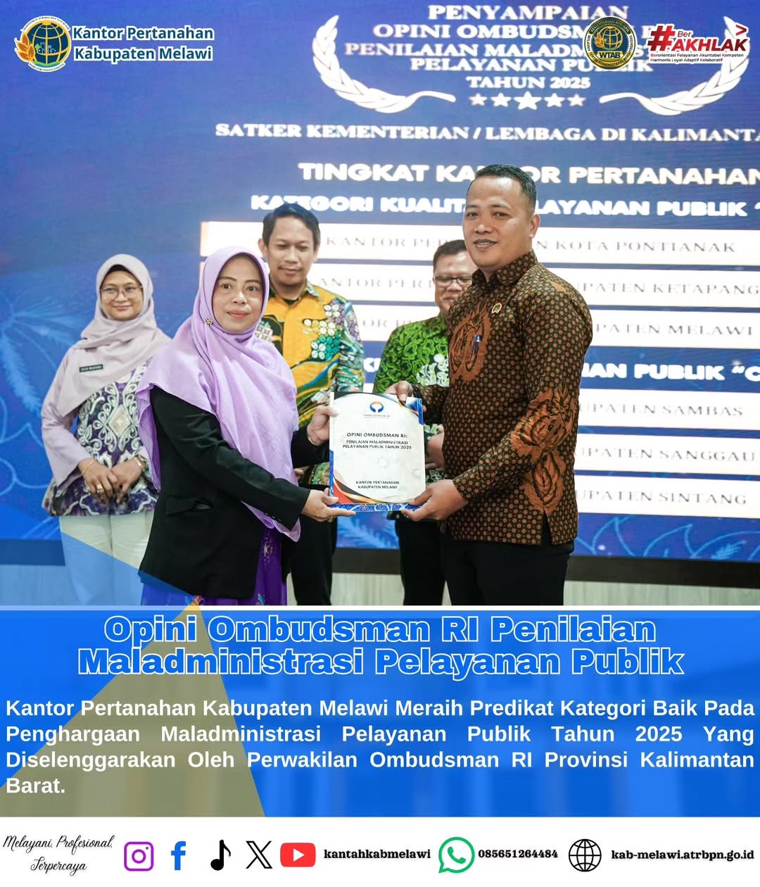 Kantor Pertanahan Kabupaten Melawi Raih Penghargaan Ombudsman RI