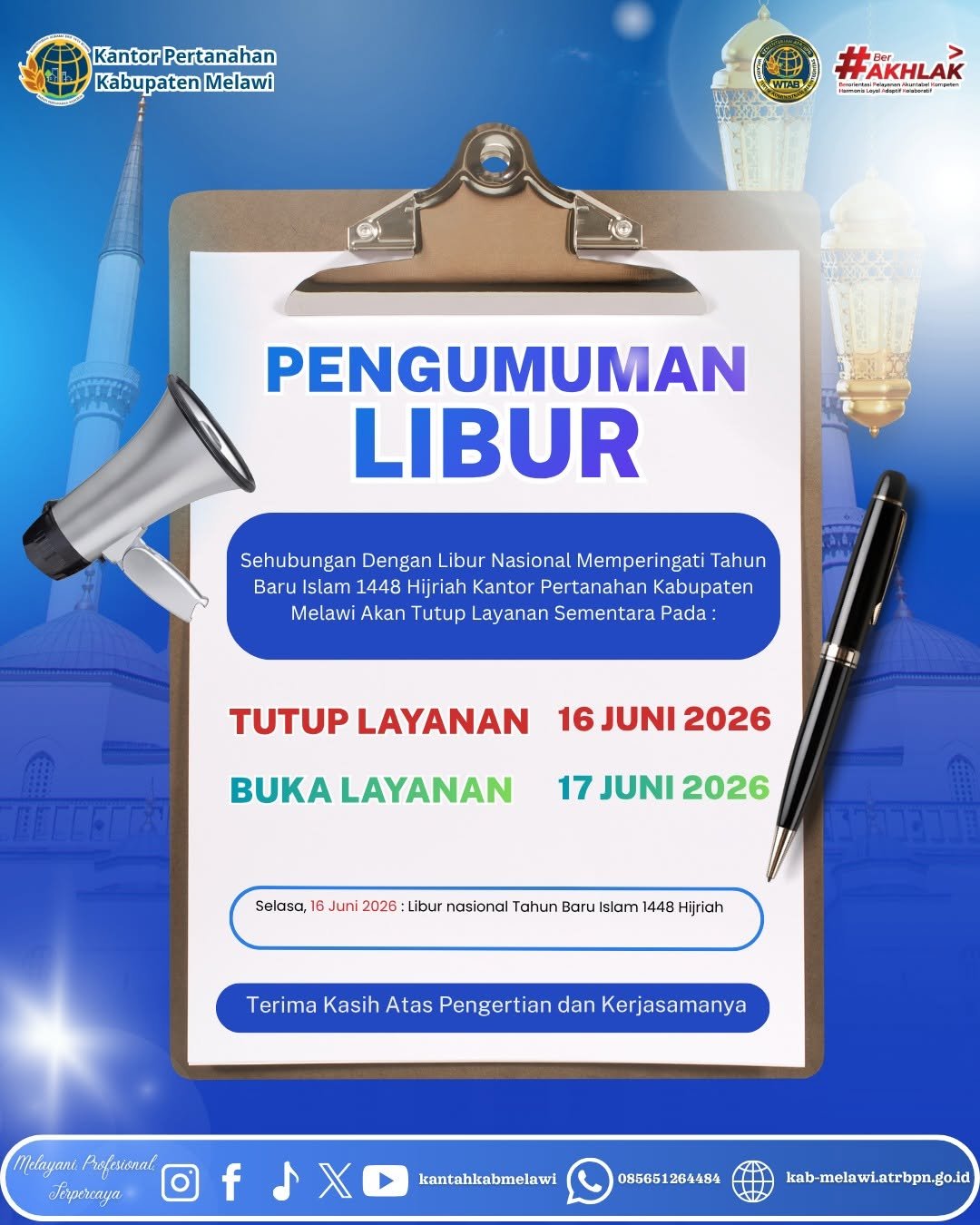 Libur Tahun Baru Islam 1448 Hijriah. Kantah Melawi Tutup Layanan.