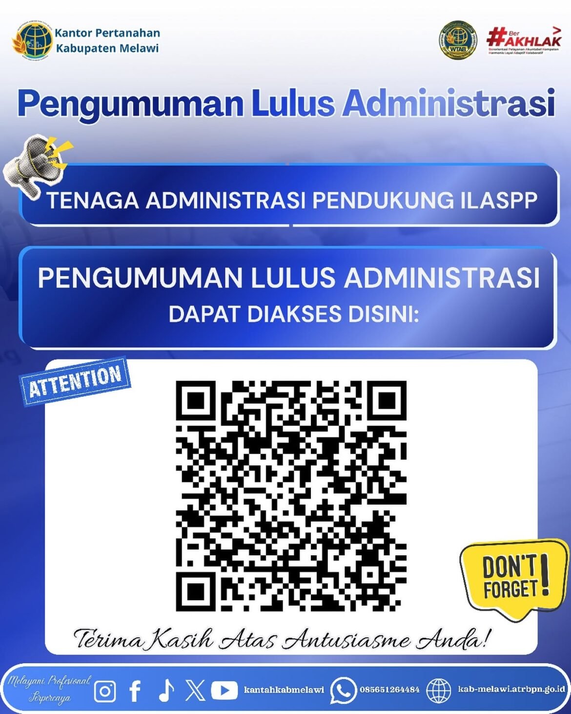 Pengumuman lulus administrasi. Administrasi Pendukung (Administration Support) dalam rangka kegiatan Integrated Land Administration and Spatial Planning Project (ILASPP) Tahun Anggaran 2026.